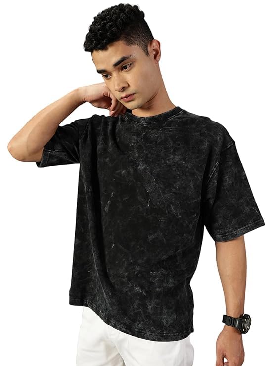 boffi ... 100% Cotton Oversized T-Shirt Unisex Drop Shoulder Dye Washed Street Look Black Pack of 1