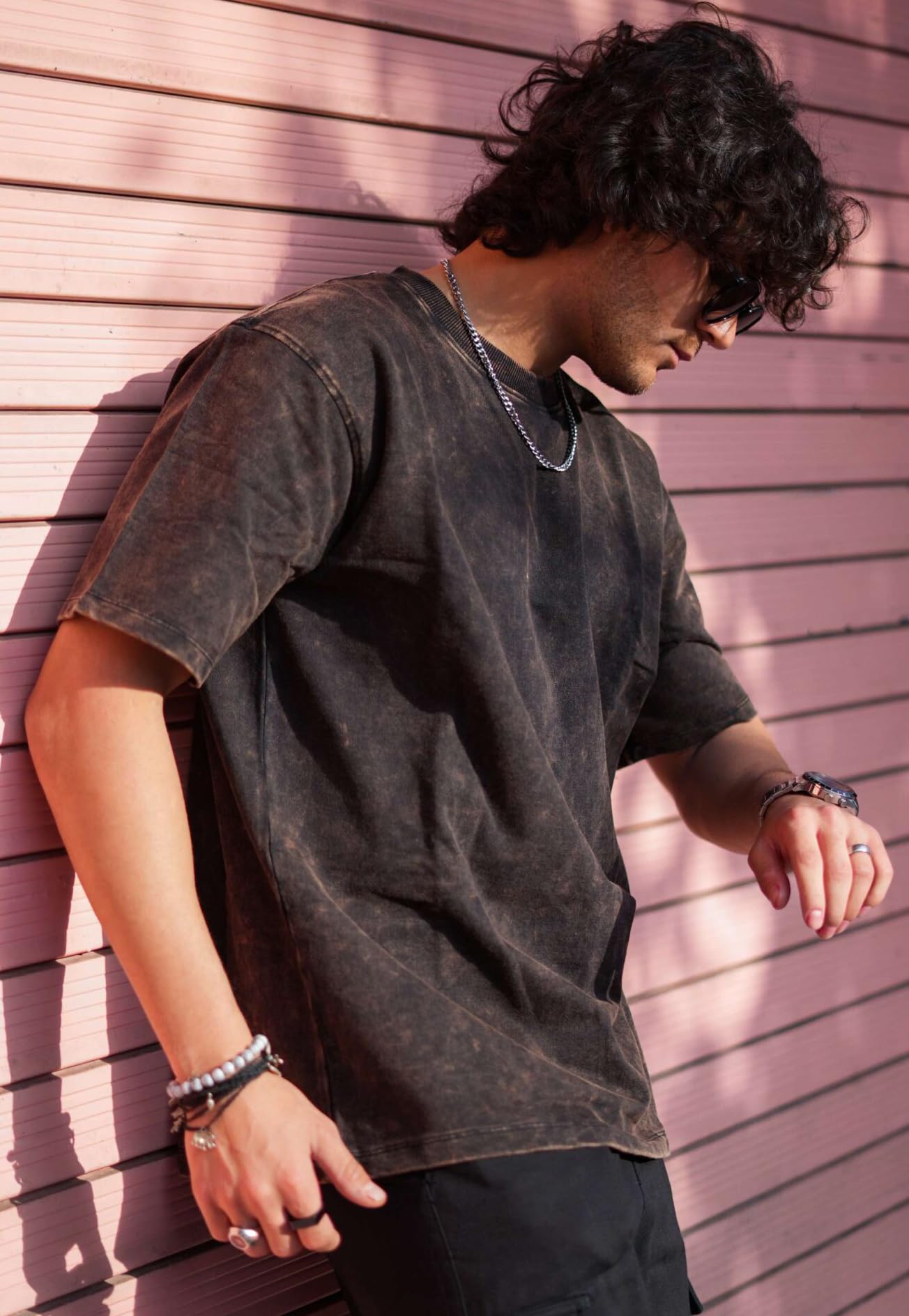 boffi ... 100% Cotton Oversized T-Shirt Unisex Drop Shoulder Dye Washed Street Look Black Pack of 1